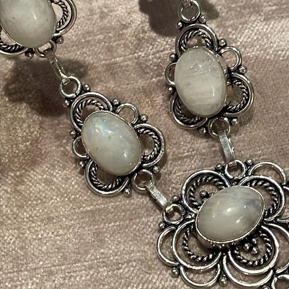 Moonstone Necklace Floral Drop Design Silver Scroll 6 Moonstones V Drop - Picture 2 of 12